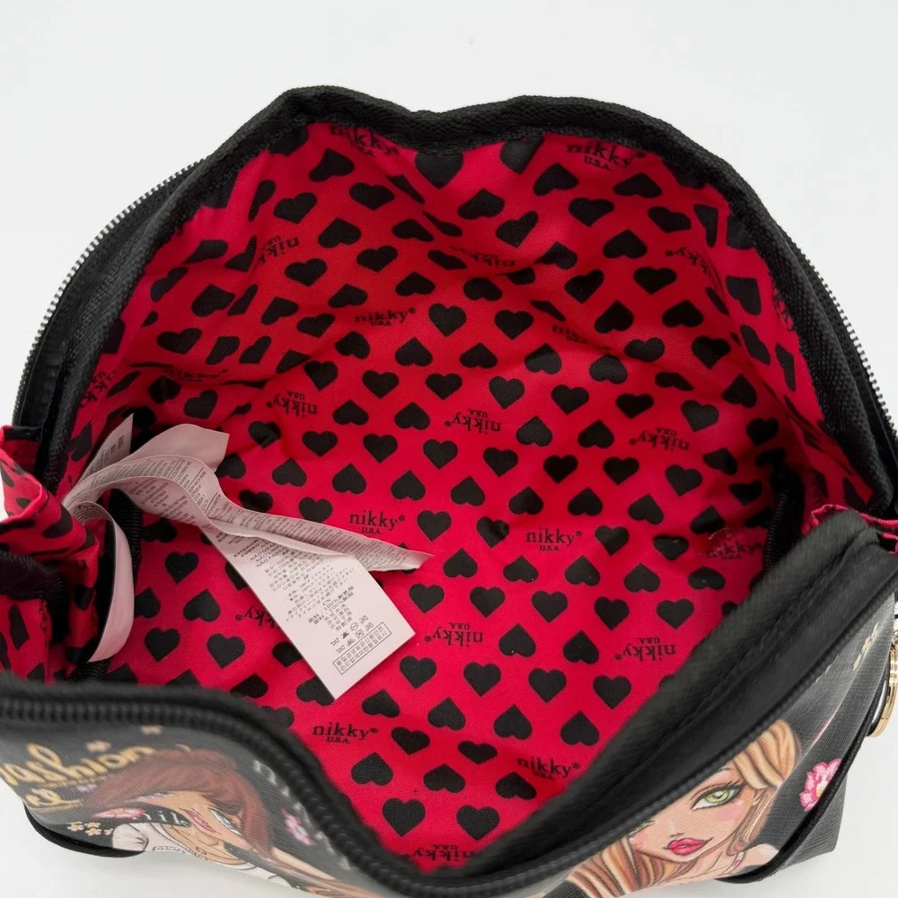 Nikky by Nicole Lee Fashion Girl Cosmetic Makeup Bag Black Heart Print Lining